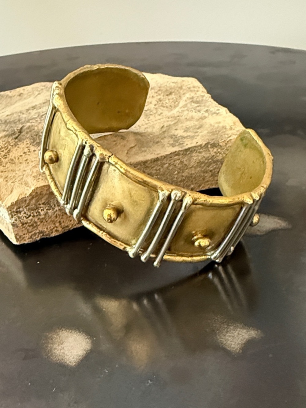 Brass Mixed Metal 1970’s Artisan Brutalist Accent Cuff Bracelet, 1” width